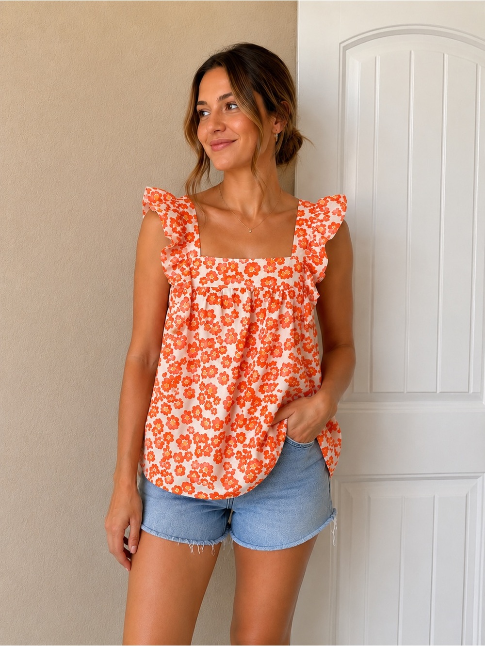 Women's Orange Floral Ruffle Strap Tank Top